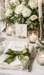 Table wedding Table élégamment dressée avec des fleurs blanches, bougies et menu avec nœud vert.